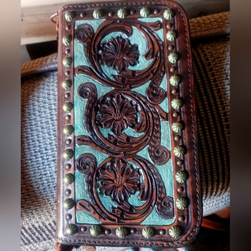 Brown and White Leather Wristlet Double J Saddlery Wallet Organizer